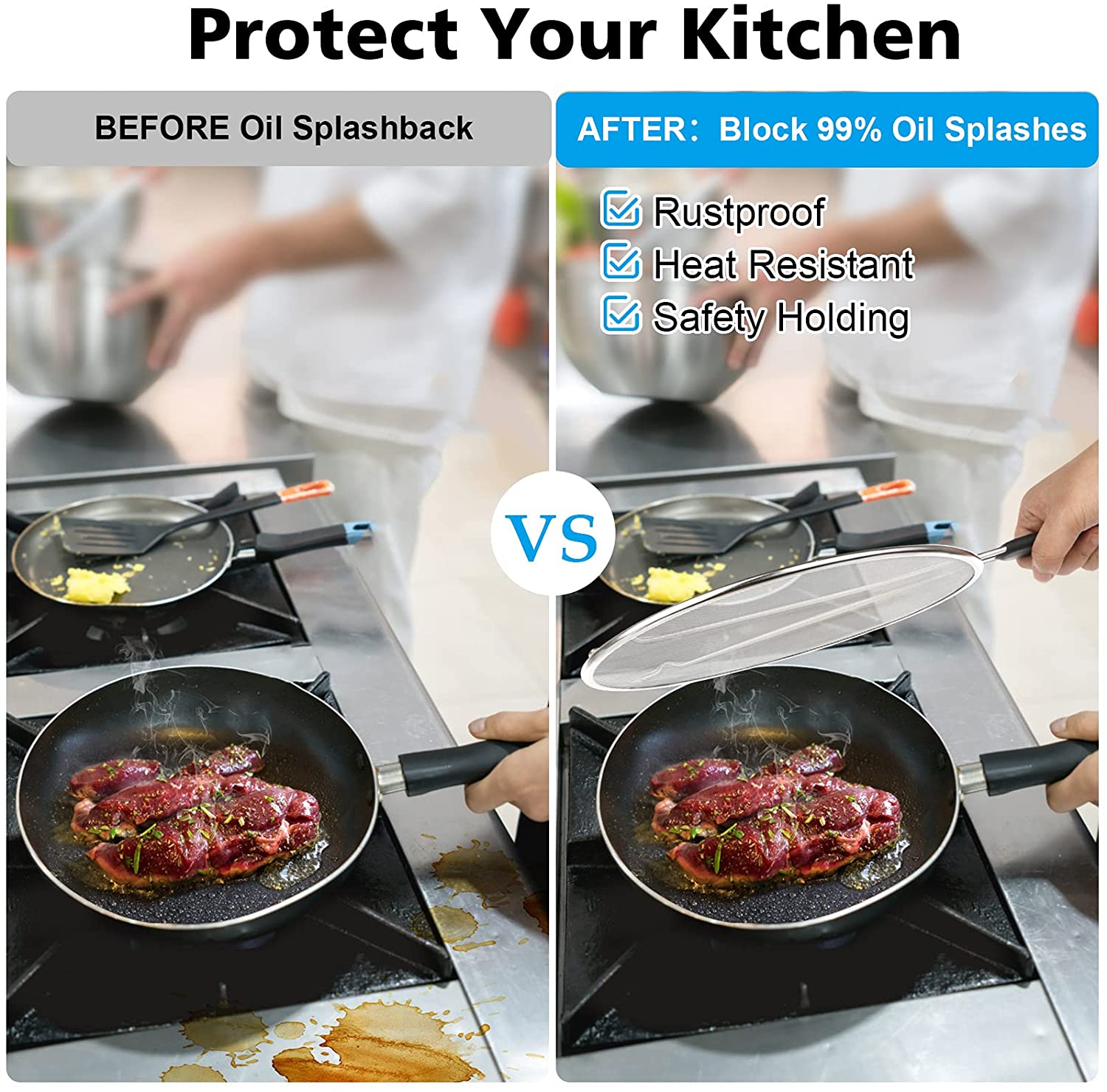 Splatter Screen For Frying Pan – 13 Stainless Steel Grease Splatter Guard  With Comfortable Grip Handle, Ultra Fine Mesh Prevents Oil Splatters And  Messes, Heavy Duty And Dishwasher Safe With Oven Mitts