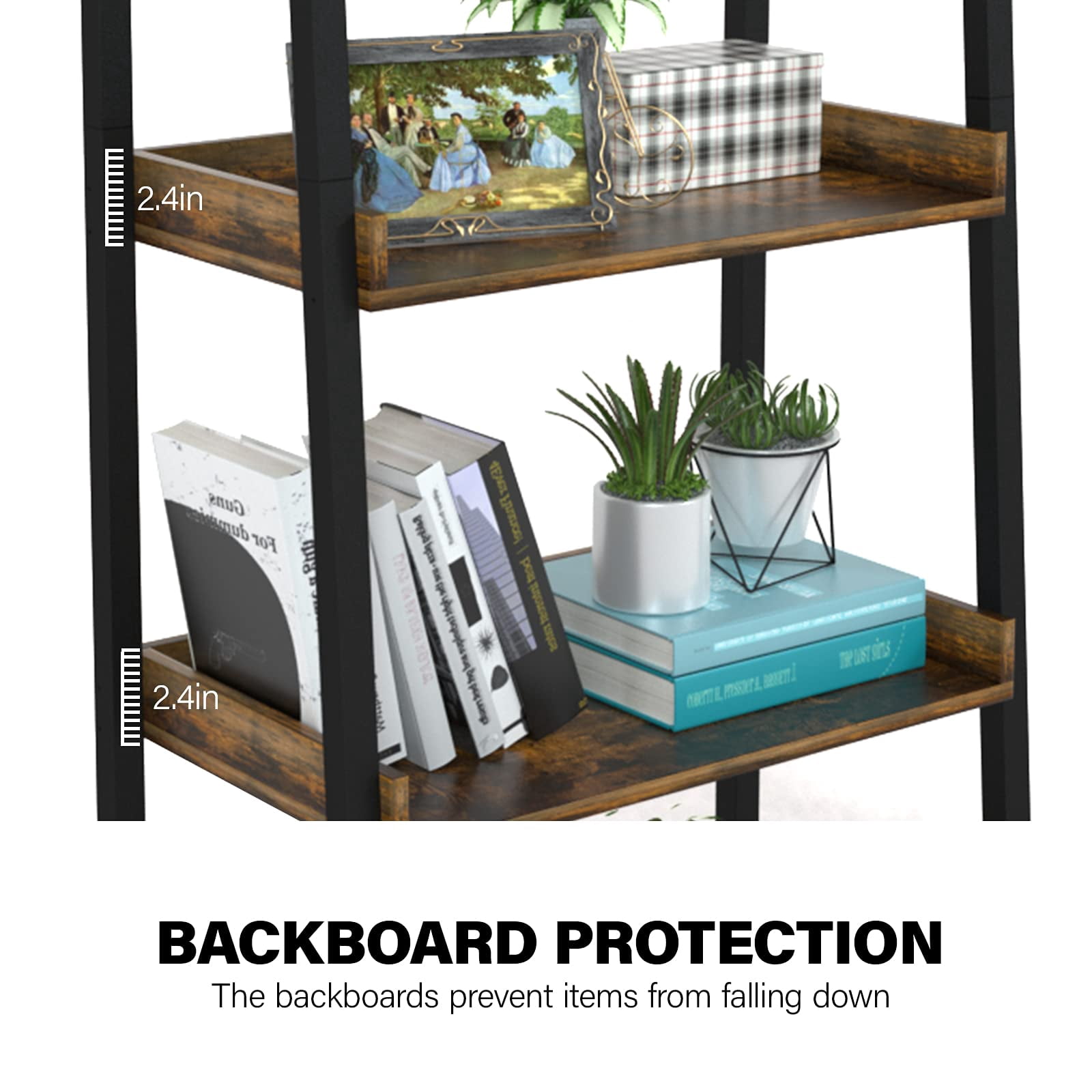 Industrial Bookshelf 5-Tier, Bookcase Ladder Shelf, Storage Shelves Rack Shelf Unit, Accent Furniture Metal Frame, Home Office Furniture for Bathroom, Living Room