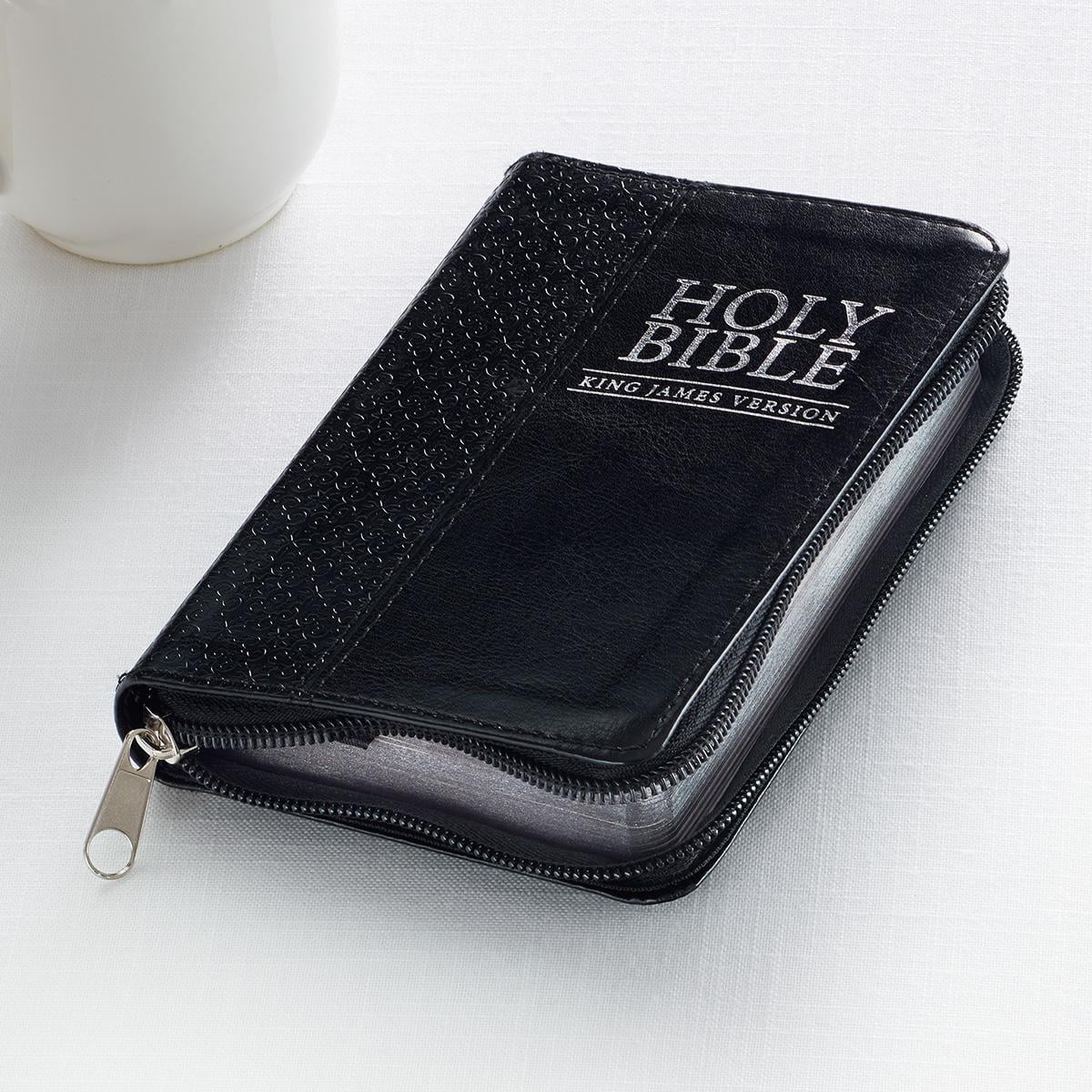 KJV Holy Bible, Mini Pocket Zippered Black Faux Leather Bible, Red