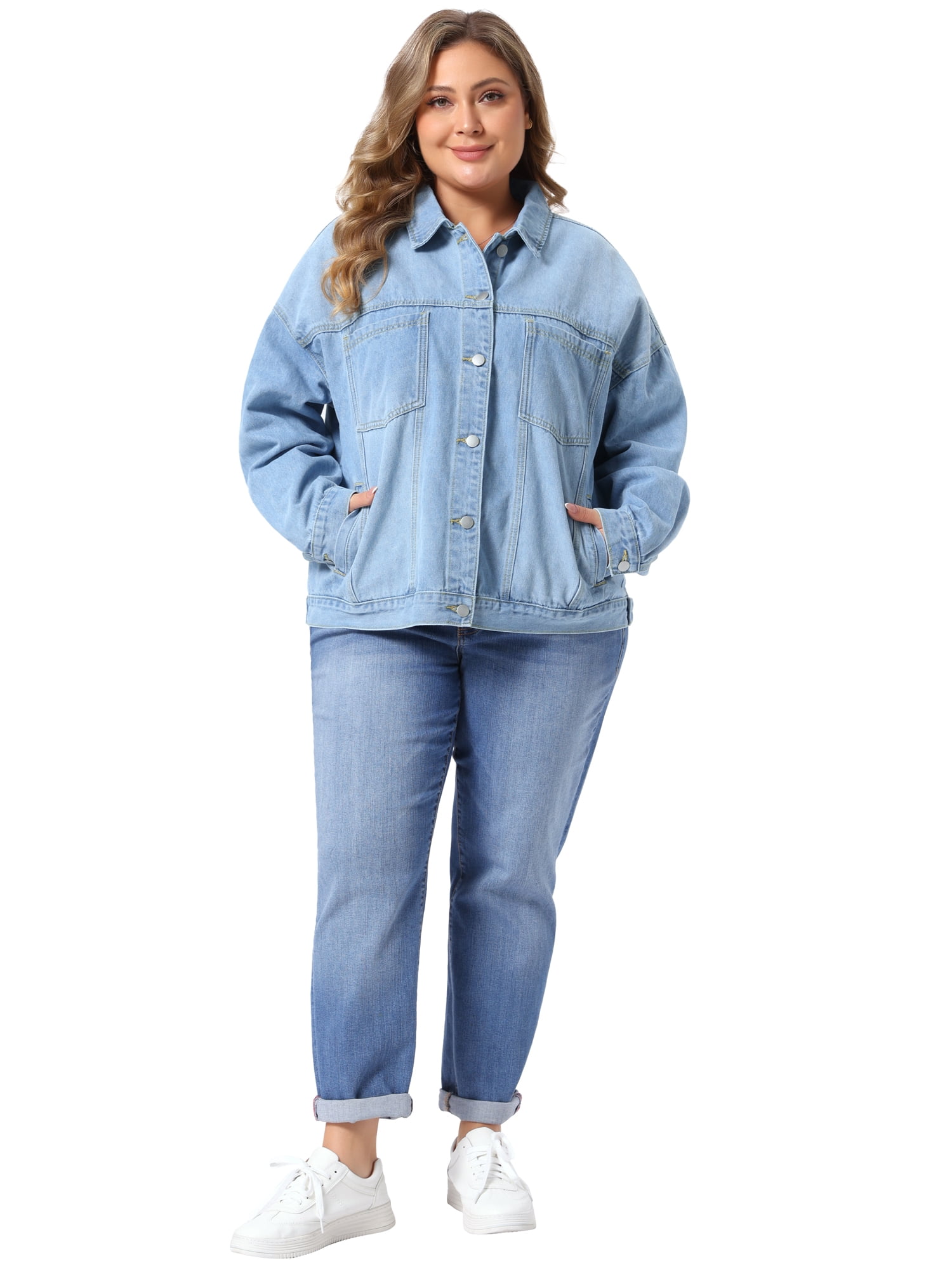 DARING DIVA Women's Plus Denim Long Sleeve Button Washed Jacket 1X Light Blue