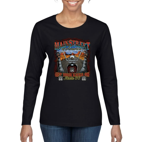 Main Street of America Route 66 Bike Motorcycle Cars and Trucks Womens Graphic Long Sleeve T-Shirt, Black, Small