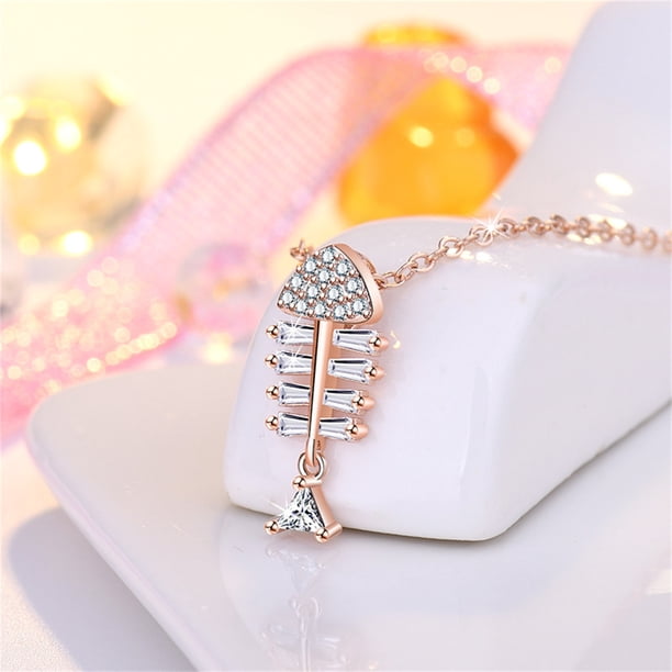 Fiudx Collar En Espina Pescado, Collar En Ajustable de Larga Duración, Elegante Colgante En Circonita Cúbica, Regal En Cumpleaños y Aniversario, para Mujeres y Niñas, Artesanía En Mano.