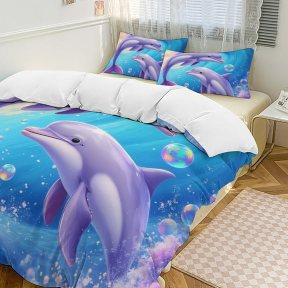 Two Dolphins in Ocean Waves Bedding Set Couple Bedclothes Pillowcase Customized Home Textiles Bed Set for Bedroom Decoration