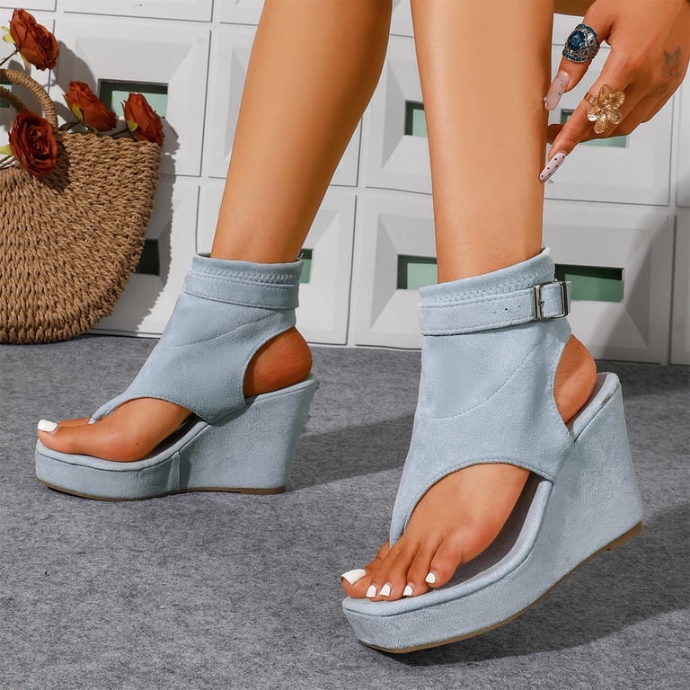 Miluxas Women's Thong Platform Wedge Sandals, Adjustable Ankle Buckle Strap Open Toe High Heel Shoes, Casual Summer Dress Sandals Light Blue 7.5(40)