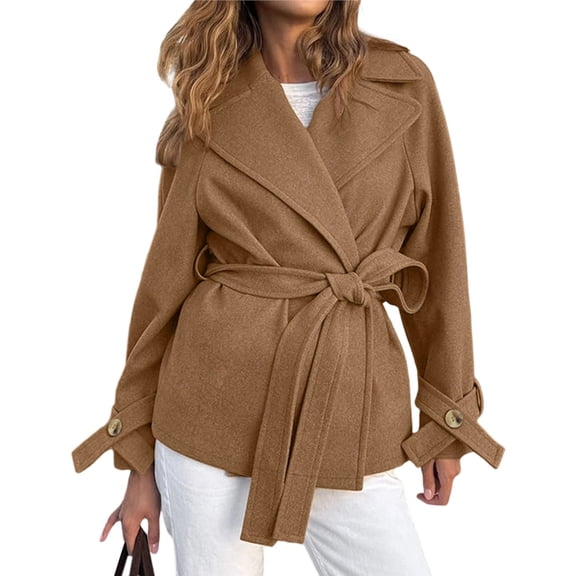 Female Classic Stand Collar Outwear Overcoat Long Sleeve Winter Belted Pea Coat Brown S
