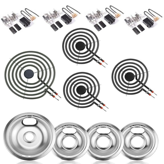 MP31YA Electric Range Burner Element Set with 330031 Surface Element Receptacle Kit and Silver Drip Pans Fit for Whirlpool Kenmore Maytag Amana Range Oven