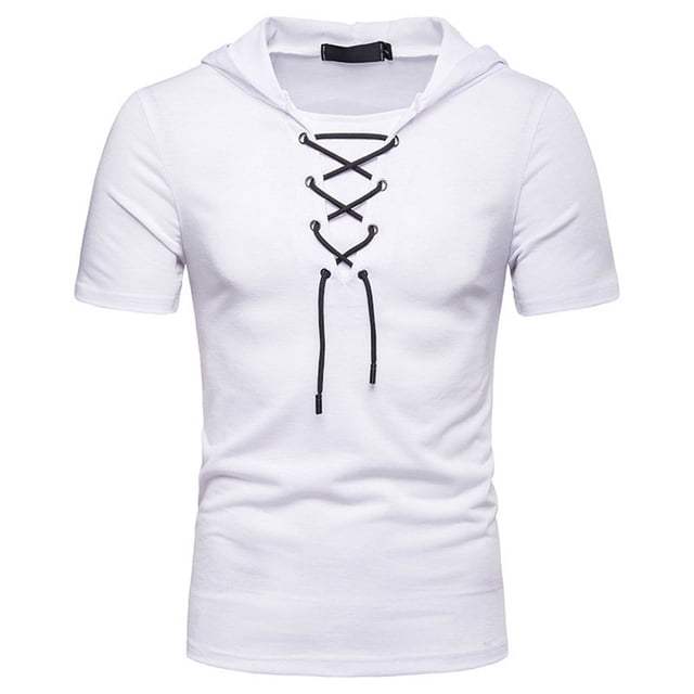 Ceisia Men's Slim Fit Short Sleeve Hooded Top Ribbed Texture Lace-Up Design Spring Summer Shirt Gift
