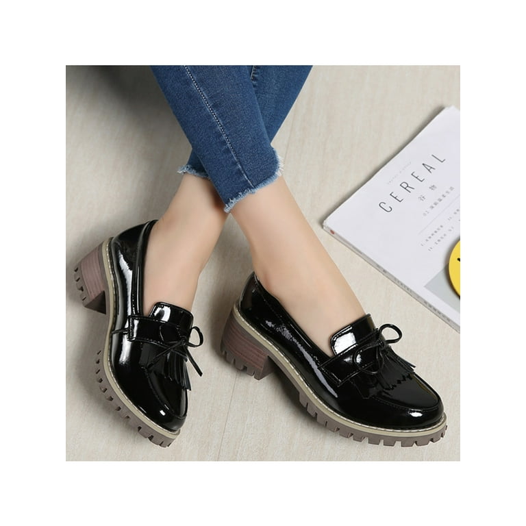  Women's Classic Platform Chunky Heel Penny Loafers Slip On  Round Toe Patent Leather Oxfords Dress Shoes | Loafers & Slip-Ons