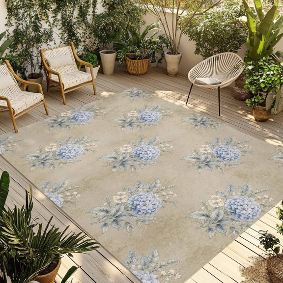 Outdoor Rug, Watercolor Flower Blue Hydrangea Leaves Indoor Area Rug Outdoor Carpet RV Camping Rugs 5x8ft Retro Mottled Outside Mat for Patio Picnic Porch Deck Balcony Backyard
