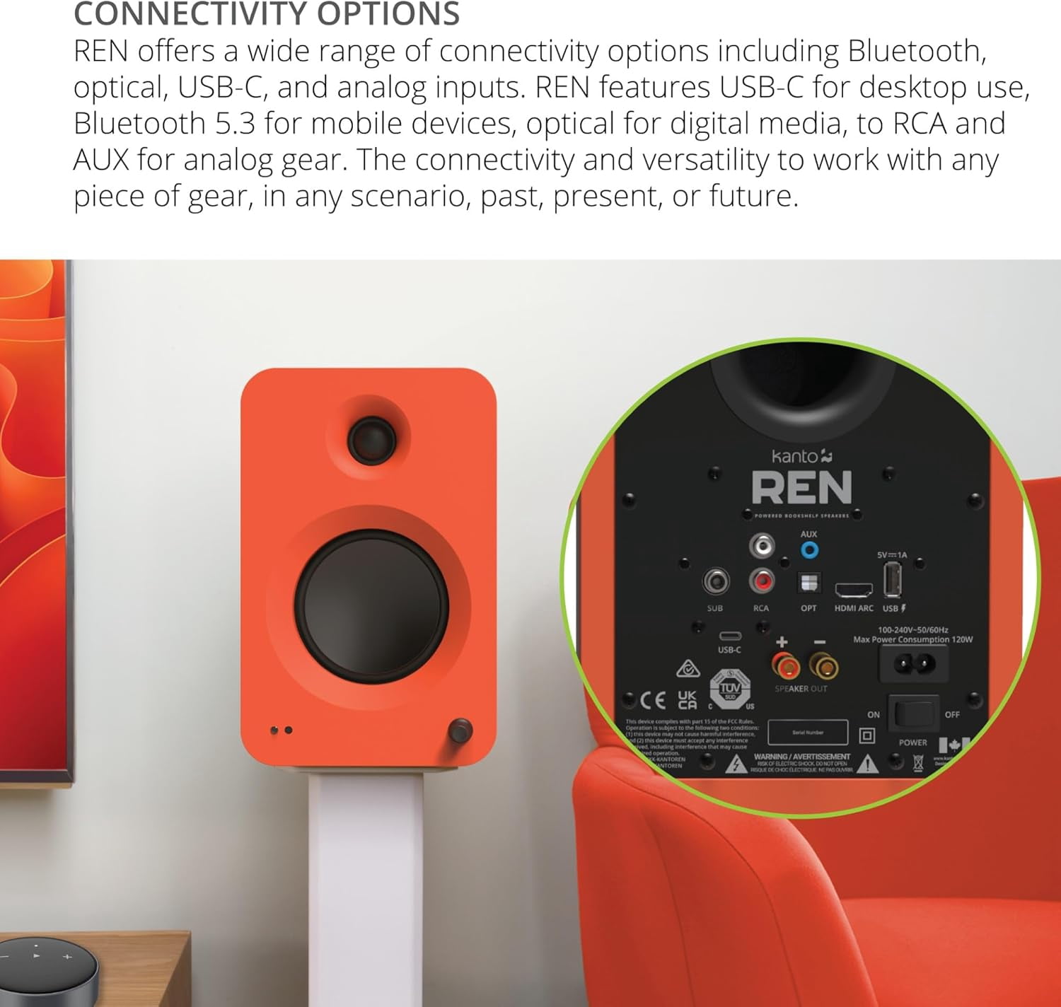 Kanto REN MO Bluetooth Powered Bookshelf Speakers - Matte Orange Pair with Kanto S6W Angled Desktop Speaker Stands for Large Speakers - White Pair (2024)