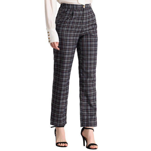 Pantalones largos rectos de cintura elástica con botones y cremallera de cuadros para mujer INSPIRE CHIC 2XL gris oscuro negro