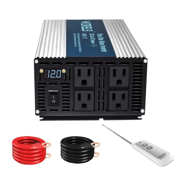 WZRELB 2000W Pure Sine Wave Inverter 12V DC to 110V 120V AC Power Converter with LED Display, Remote Controller, Off-Grid Power Inverter 4000W Surge with 4 AC Outlets,for Home, RV, Truck, Camping