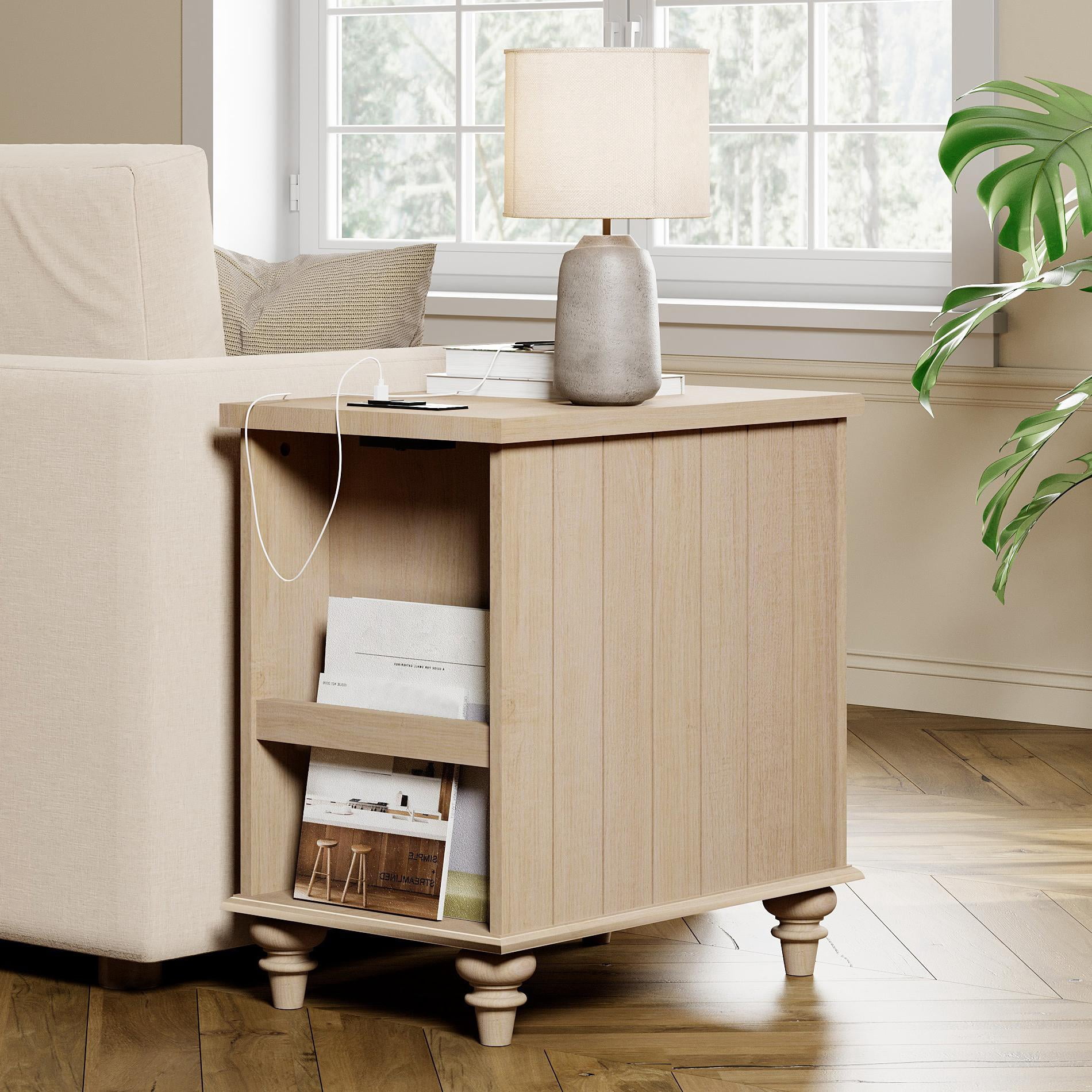 Beige End Tables with Charging Station, Tall Nightstand with Storage Cabinet & Drawer, Wooden Side Table for Bedroom, Living Room