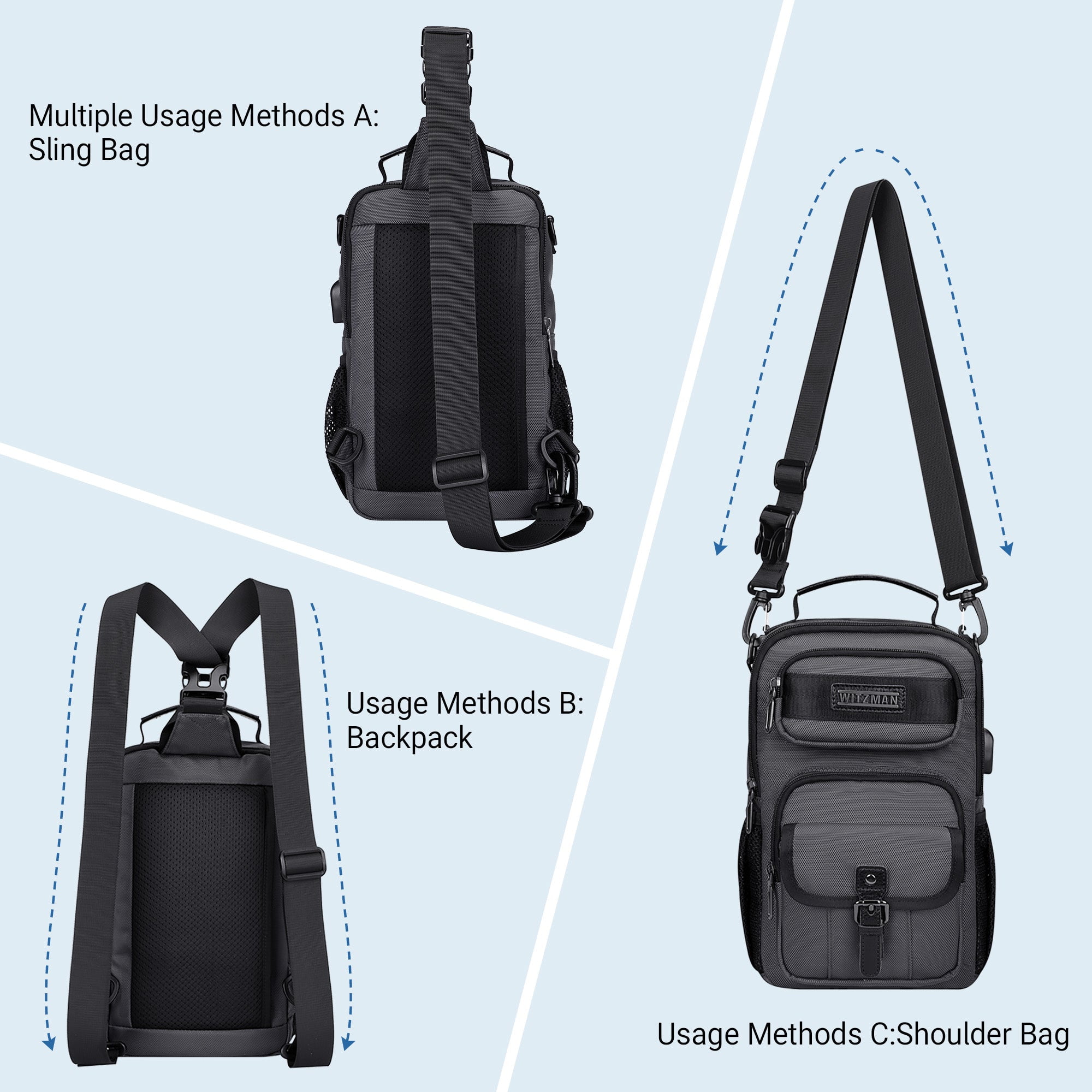 WITZMAN Sling Bag for Men Convertible Travel Sling Backpack USB Charging Port Lightweight Crossbody Bags Casual Daypack（B698 Silvery Grey）
