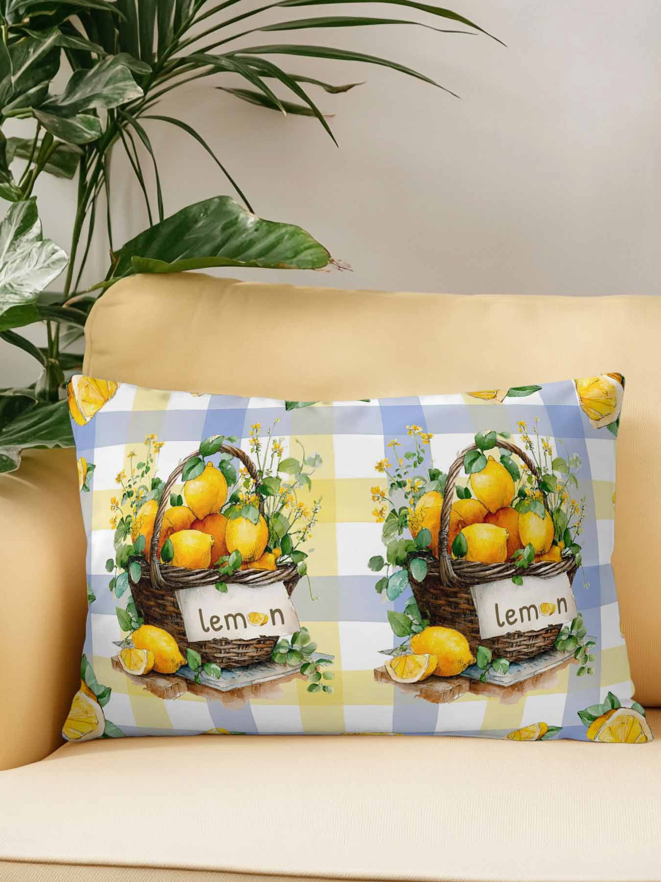 1 Pack Outdoor Pillows Waterproof, Lemon Basket Summer Indoor/Outdoor Throw Pillows with Inserts, Eucalyptus Blue Yellow Plaid Decorative Pillow for Patio Furniture Chairs Couch