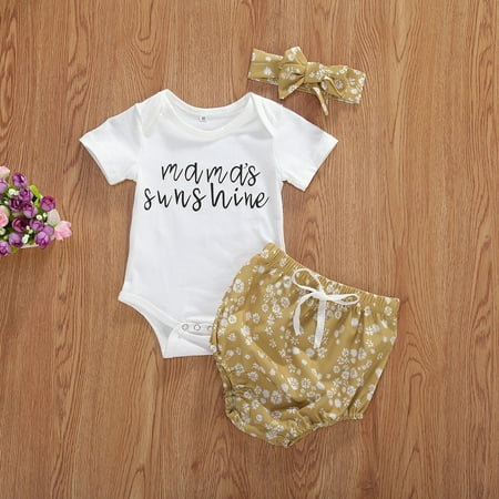 

Newborn Baby Girl Clothes Set Short Sleeve Tops Romper Bodysuit Floral Shorts Pants Headband Outfits
