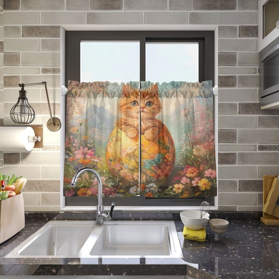 BZSMCE Set of 2 Pieces Kitchen Window Curtain Fashion Whiskered Wonder in Bloom Printed 27x24in/27x36in
