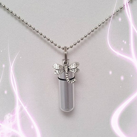Pair of Silver Dragonfly Cremation Urn Necklaces with Engraved Heart with Velvet Pouches & Fill Kit