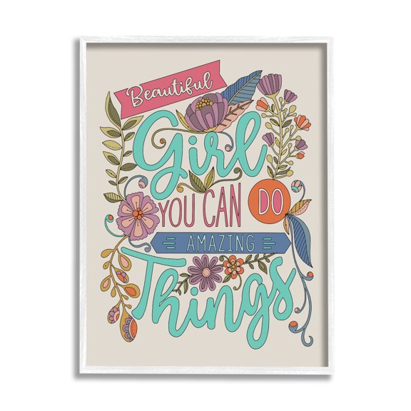 Stupell Industries Girl Power Fun Motivational Intricate Floral Pattern Graphic Art White Framed Art Print Wall Art, Design by Valentina Harper