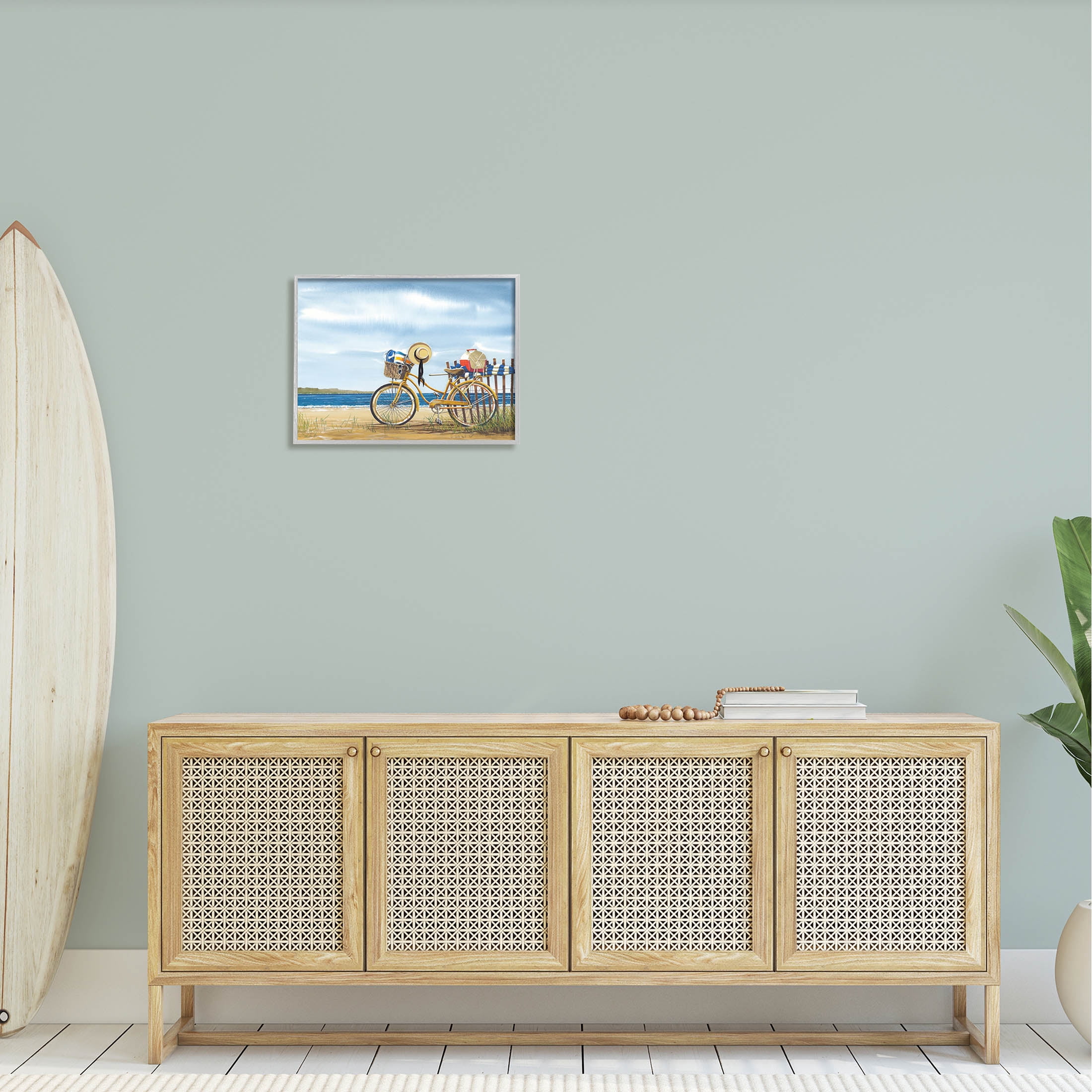 Summer Bike Beach Day Waves Coastal Painting Gray Framed Art Print Wall Art