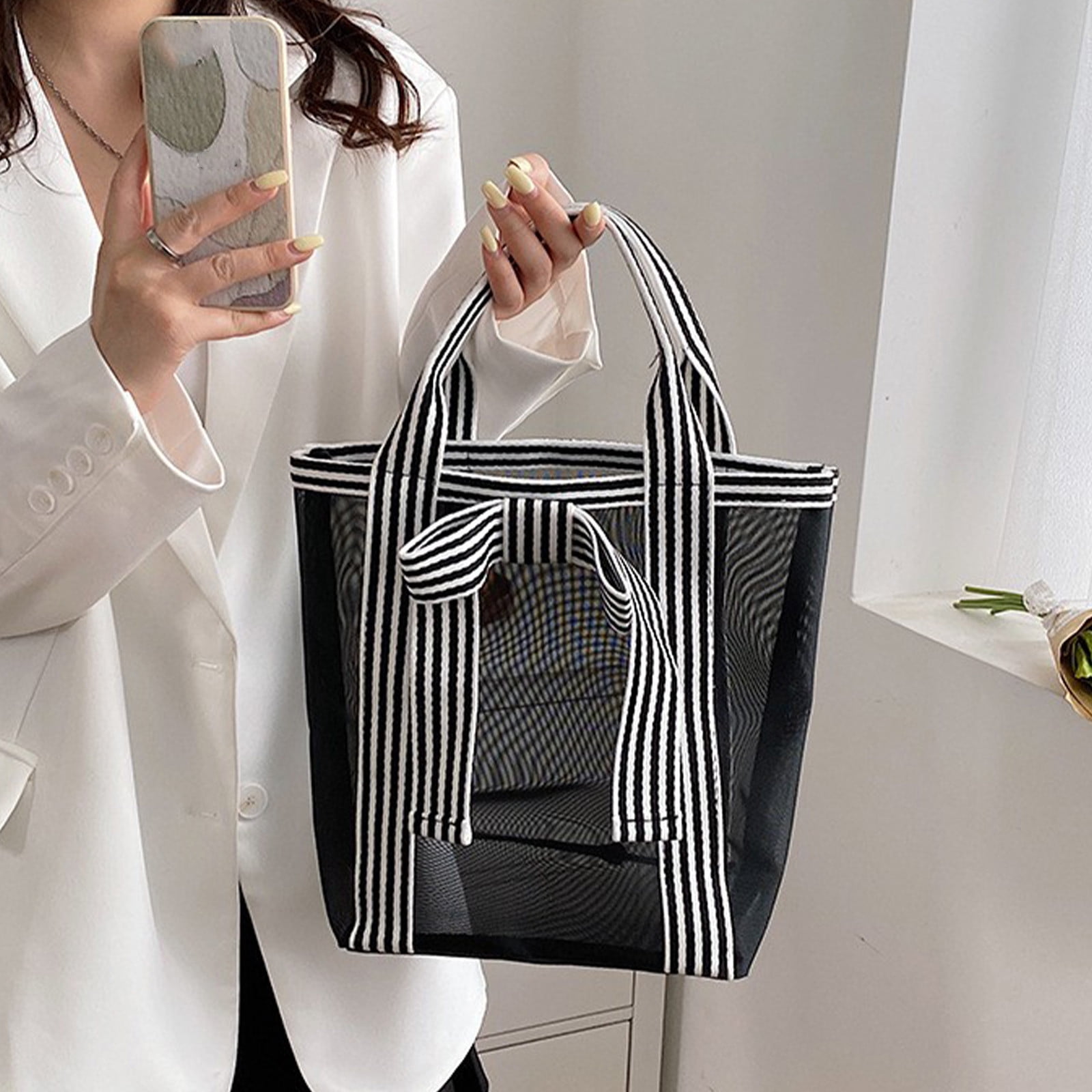 Mefallenssiah Ladies Transparent Hollow Handbag Transparent Mesh