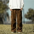 thumbnail image 2 of Wyobmus Men's Corduroy Cargo Pants Casual Elastic High Waist Straight Wide Leg Workwear Pants Brown, 2 of 8