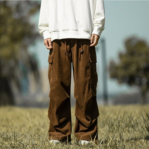 asjyhkr Cargo Pants for Men Corduroy Drawstring Elastic Waist Wide Leg Outdoor Work Trousers with Multi Pockets