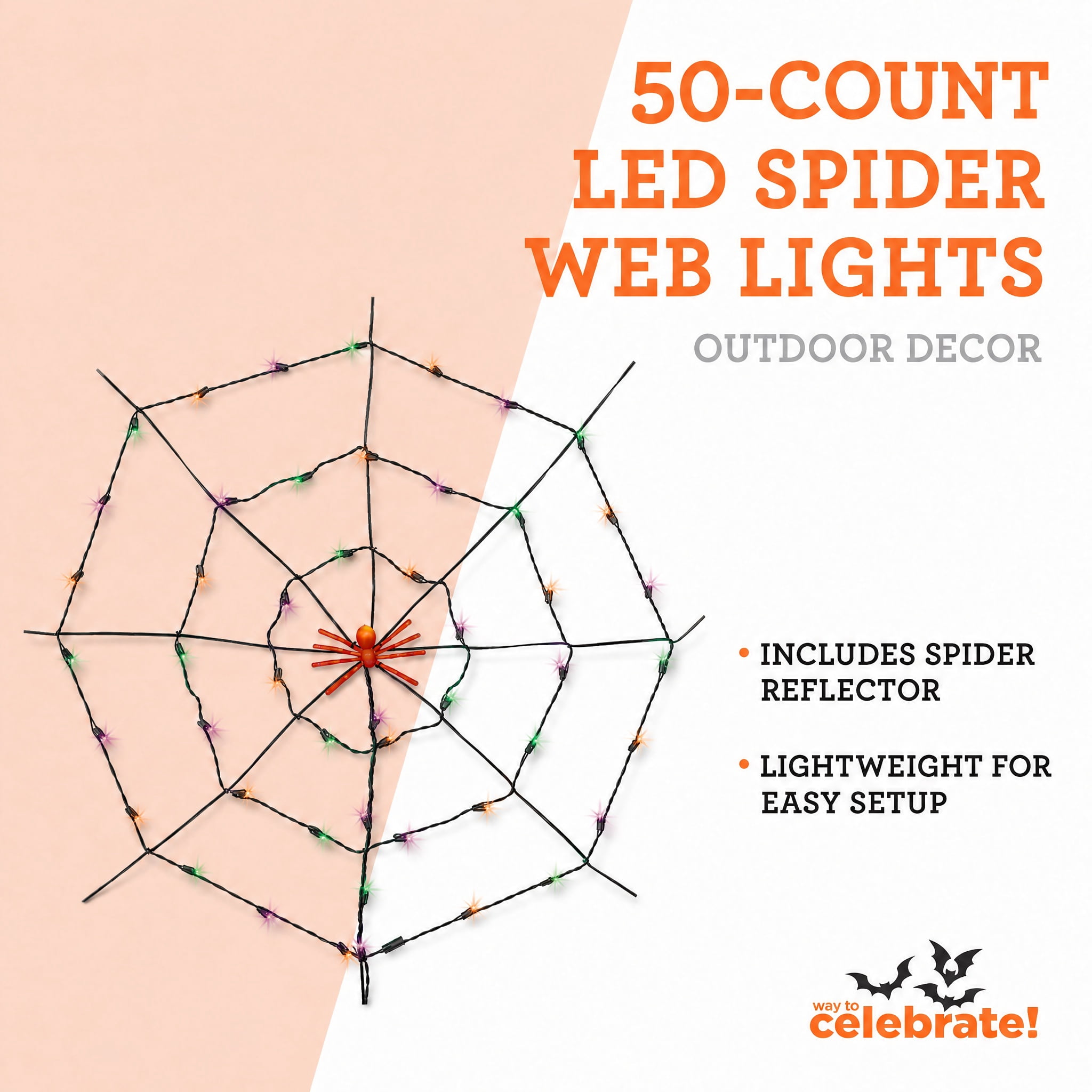 Indoor/Outdoor 50-Count LED Spider Web Lights, Multicolor, 5', Halloween by Way To Celebrate