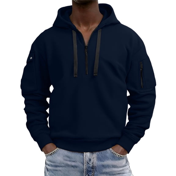 Chiccall Mens Hoodie Drawstring Half Zip Long Sleeve Hooded Sweatshirts Casual Athletic Workout Sweatshirts with Zipper Pockets