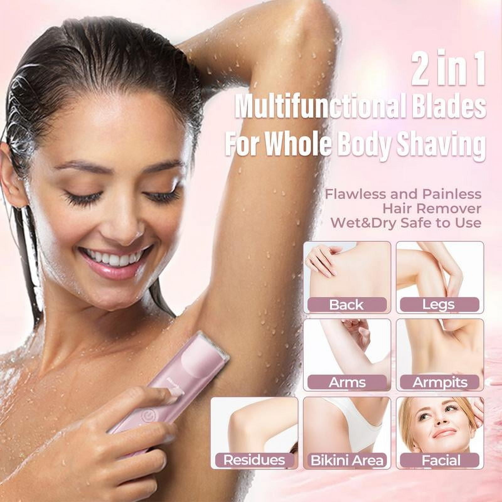 Bikini Trimmer for Women, Electric Shaver and Razor Rechargeable 2-in-1 Body and Facial Epilator, Dual Heads for Painless Trimming of Pubic Hair, Face, Underarms and Legs, IPX7 Waterproof.