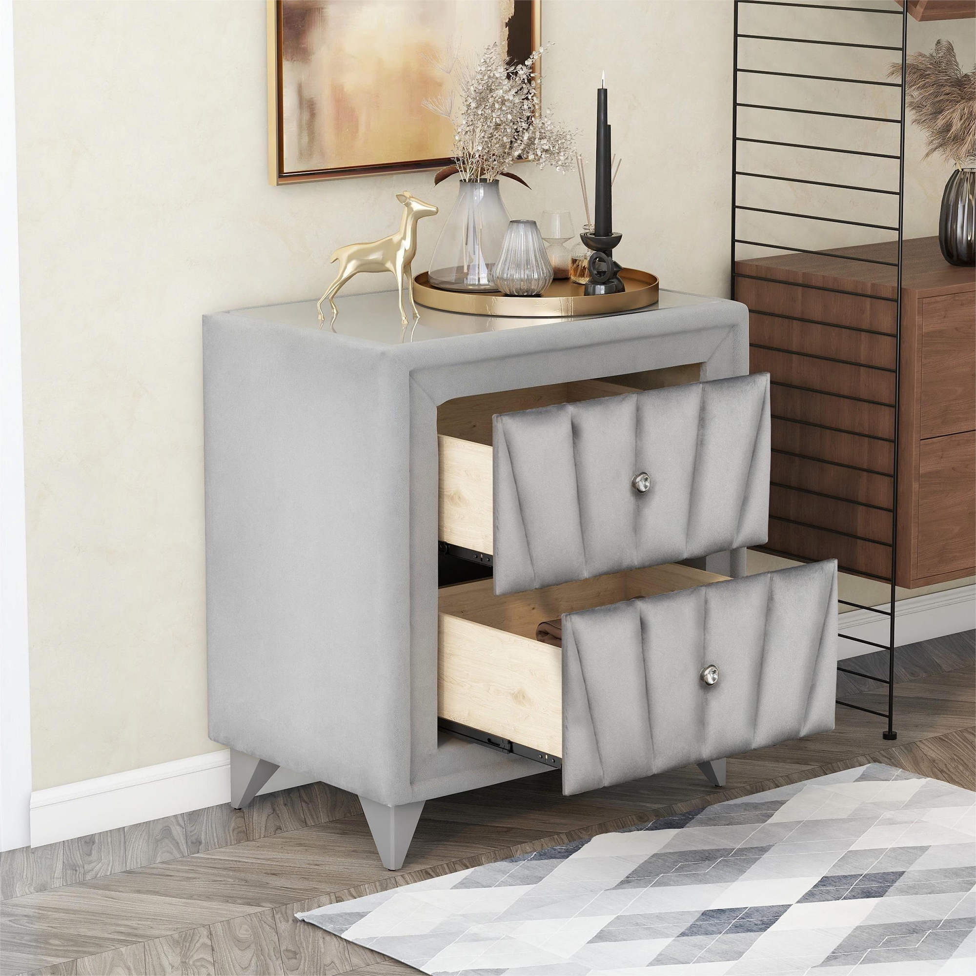 Modern Wooden Upholstered Nightstand, Bedside Table with 2 Drawers and