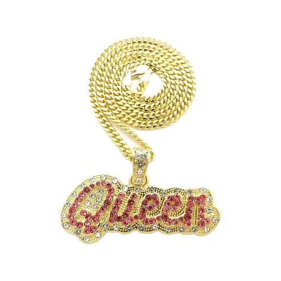Stone Stud Script Letter Queen Pendant with 3mm Cuban Chain Necklace, Gold-Tone/18"