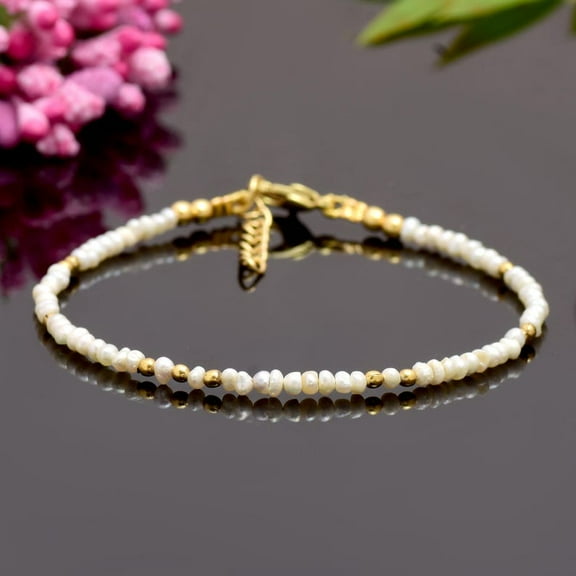 Fresh Water Pearl 2-2.5mm Round Shape Smooth Cut Beads 7 inch Adjustable Gold Plated Clasp Bracelet for men, women, unisex. Link Chain Stacking Bracelet.|LINK_02980