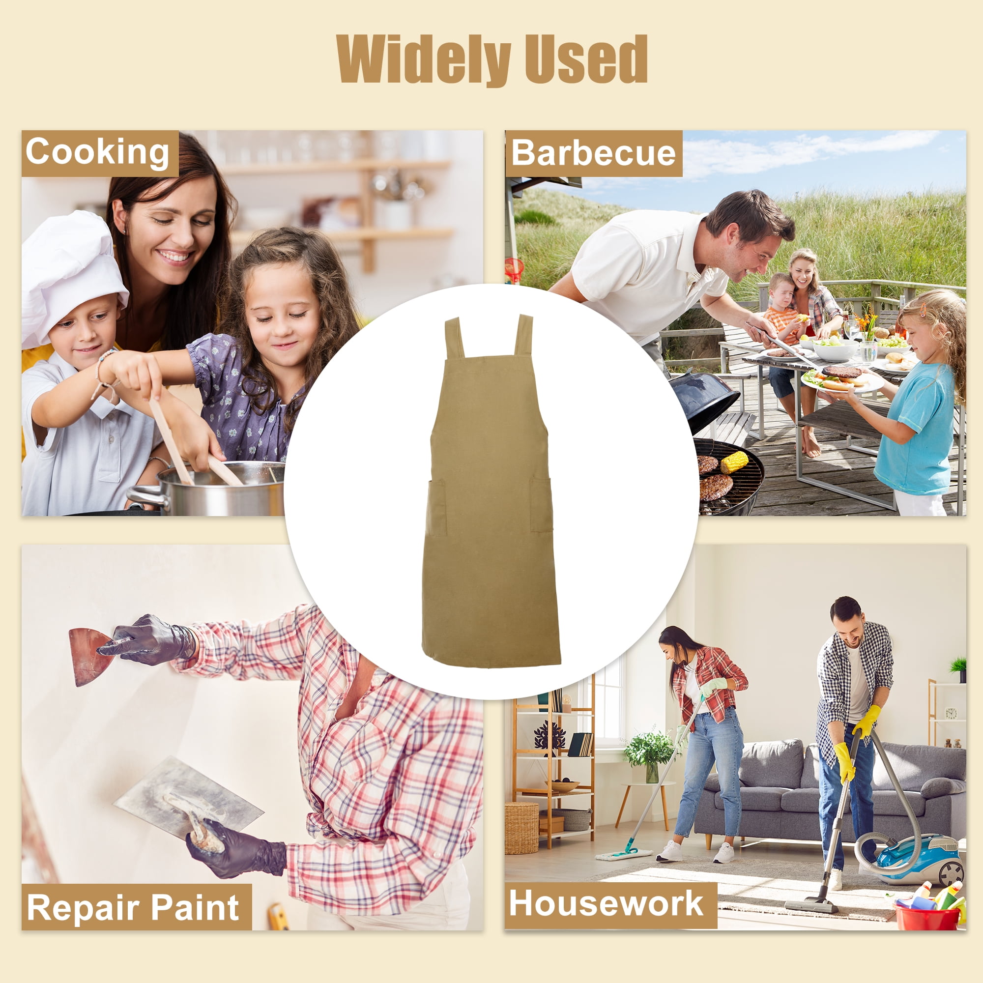 Unique Bargains Cotton Linen Apron Cross Back Apron with Pockets Yellow