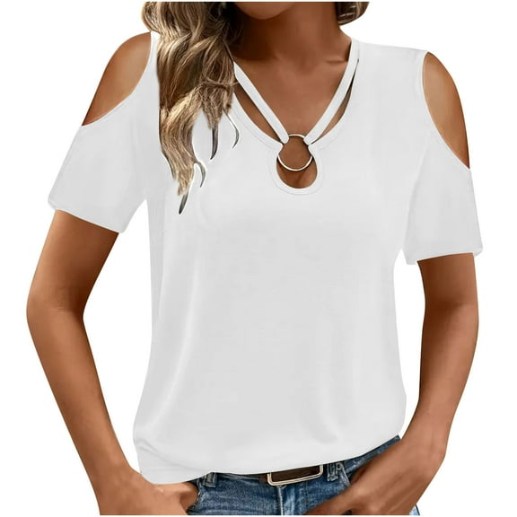 RYRJJ Womens Summer Cold Shoulder Tops Short Sleeve V Neck T Shirts Loose Dressy Casual Tunic Blouses Criss Cross Tees(White,L)