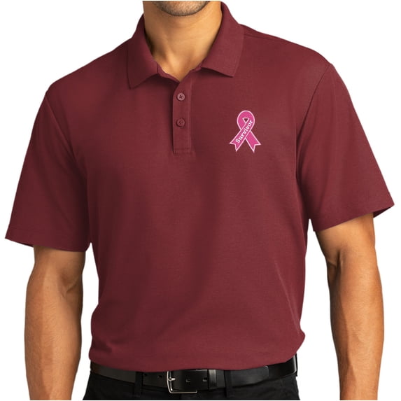 Mens Survivor Breast Cancer Awareness Patch Short Sleeve Polo Shirt, Medium Burgundy
