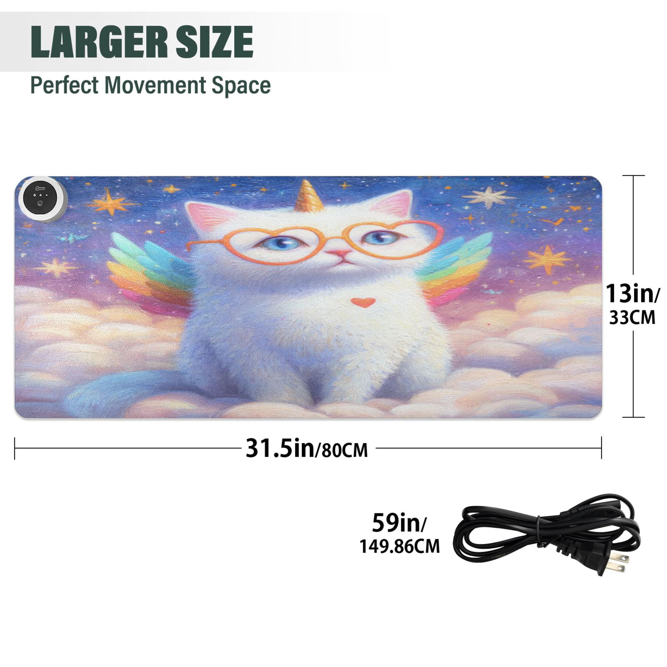 Large Heated Desk Mat Mouse Pad 31.5"x13"PU Leather Graphene Heating Desk Warmer with 3 Temperature Settings 110V US Plug Non-Slip Warm Pad for Home, Office, and Gaming Galaxy Unicorn Kitten Print