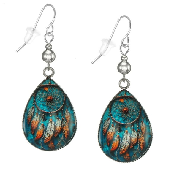 Beautiful Blue Feather Dream Catcher Teardrop Earrings, Platinum Ear Wires