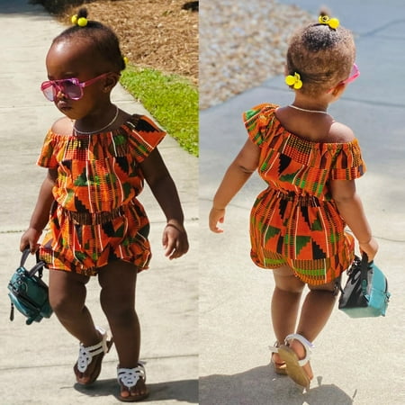 

Toddler Girls African Traditional Style Off Shoulder Romper Ankara Infant Jumpsuit 6M-4Y