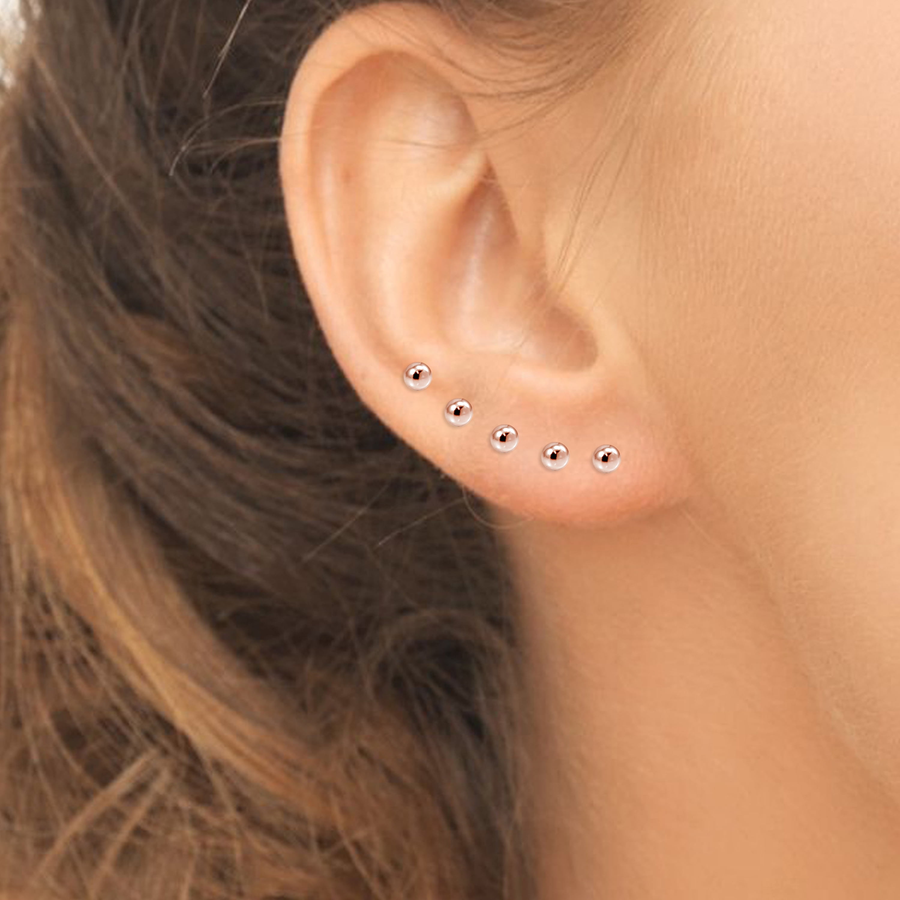 Rose Gold Flashed Sterling Silver 2mm Polished Ball Bead Stud Earrings Set of 5