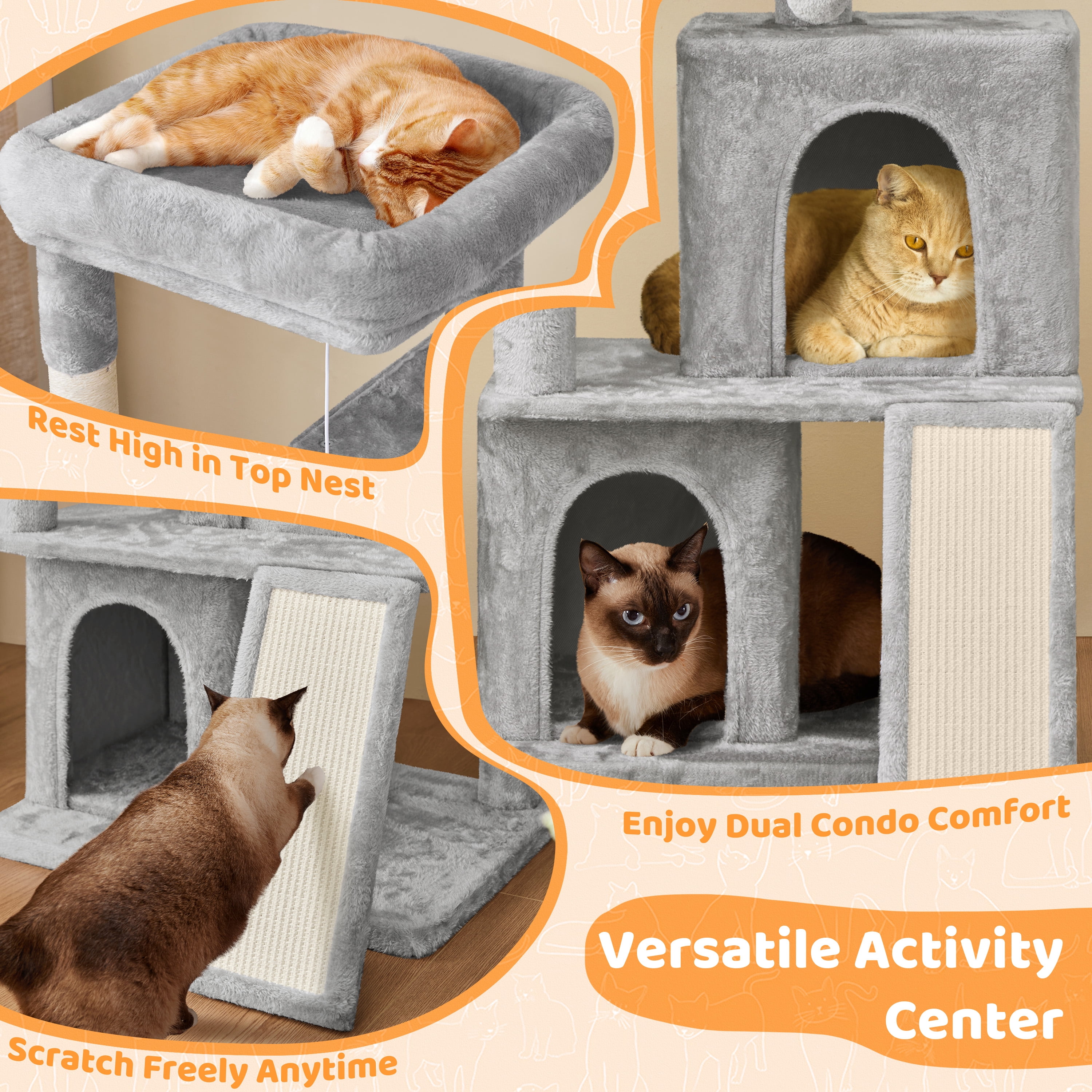 Alden Design Multilevel Cat Tree Tower with Double Condos Top Platform Perch, Light Gray