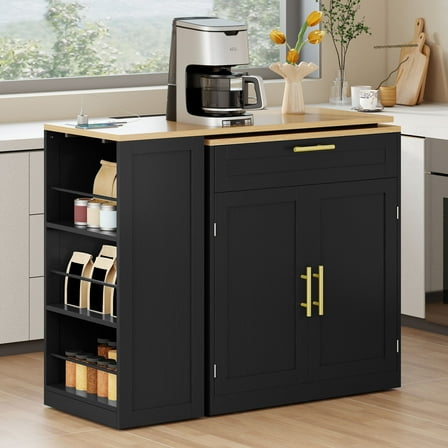 Craftian Extendable Kitchen Island Table with Stools & Storage, Kitchen Island with Charging Station, Black