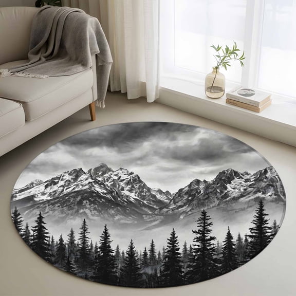 Black Pine Forest Round Area Rug 4Ft Washable Circle Rugs for Bedroom Dining Room, Modern Art Snow Mountain Non-Slip Carpet Floor Mats Indoor Outdoor Carpet Runner Aesthetic Home Decor