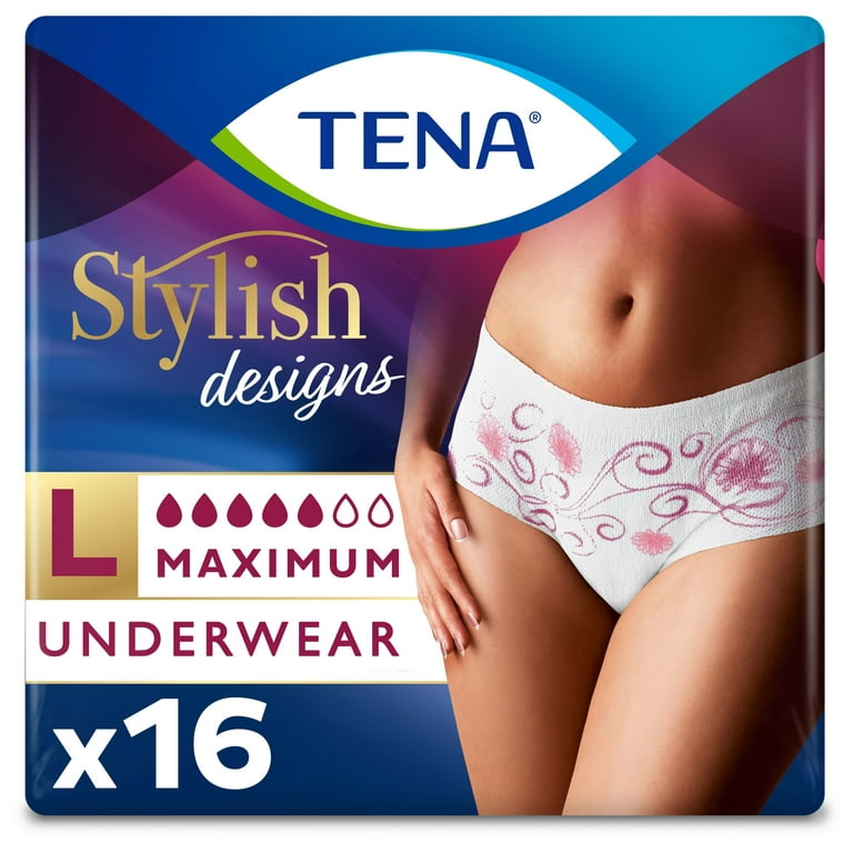 Tena Stylish Designs Incontinence Protective Underwear for Women, Maximum  Absorbency, Large, 16 count 