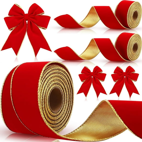 6 Rolls 30 Yards Christmas Red Velvet Ribbon with Gold Edge 2.5 Inch Wide Wired Ribbon Outdoor Ribbon Holiday Decorative Ribbon Fabric Ribbons for Xmas Tree Bow Wreath Making Gift Wrapping Craft