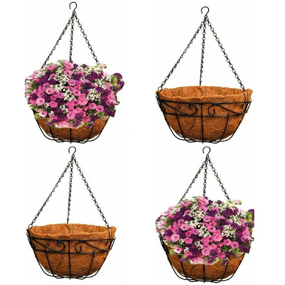 16 Inch Metal Hanging Planter Basket (4 Pack) with Coco Coir Liner Round Wire Plant Holder Chain Porch Decor Flower Pots Hanger Garden Decoration Indoor Outdoor Watering Hanging Baskets