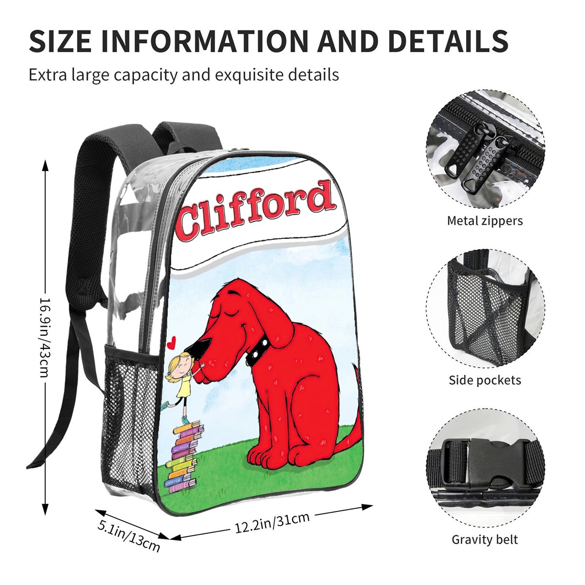 Clifford The Big Red Dog Pattern Transparent Backpack Lightweight And fashionable Showcasing Personality And Leading The Trend