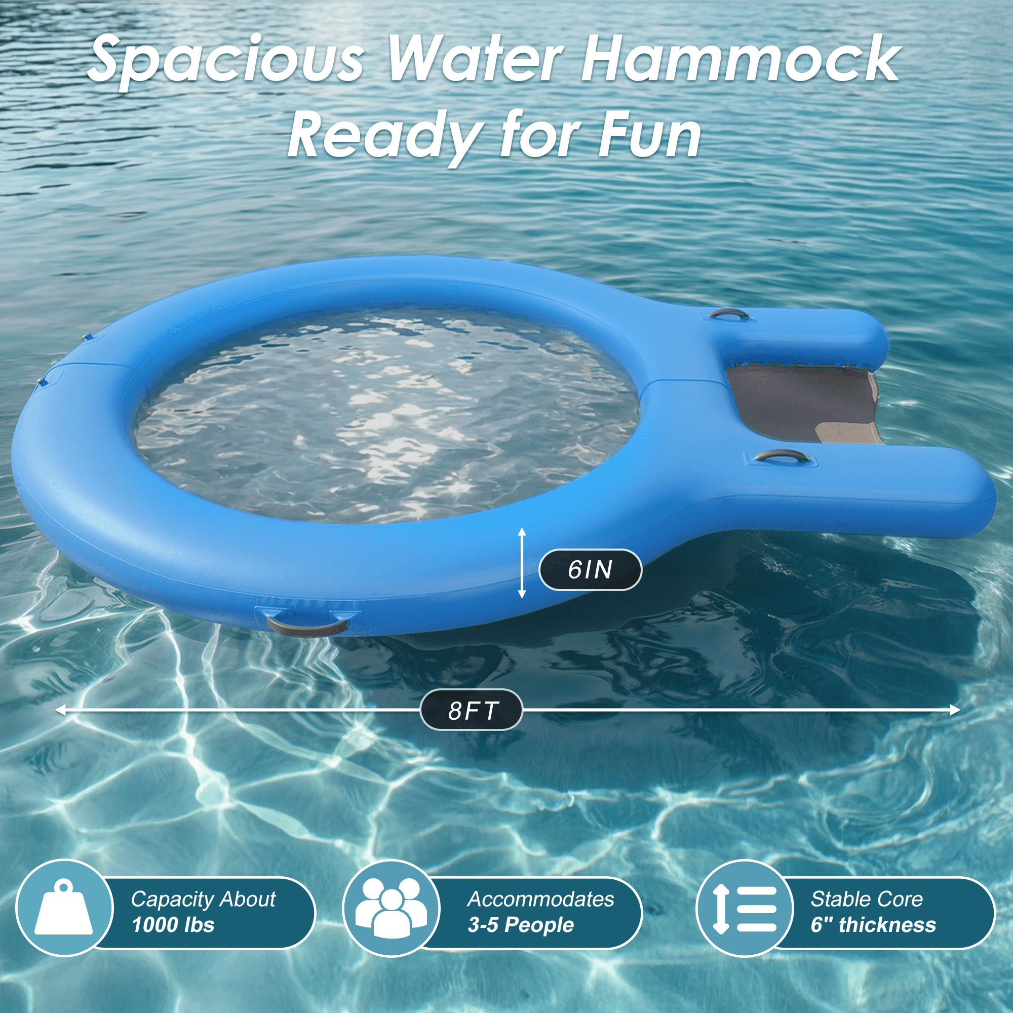 8 FT Water Hammock Inflatable Sunchill Float Ring with Dog Boat Ramp, Heavy Duty Floating Dock Pool Hammock Float for Ocean Lake Swimming Pool