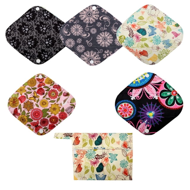 5 Small Panty Liners 1 Wet Bag Cloth Menstrual Pads Reusable Washable (Flowers, S Panty Liners)