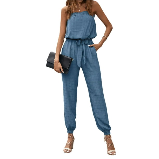 Txlixc Mono largo de verano para mujer, sin tirantes, con hombros descubiertos, mono de una pieza con cinturón Txlixc Estilo de ocio